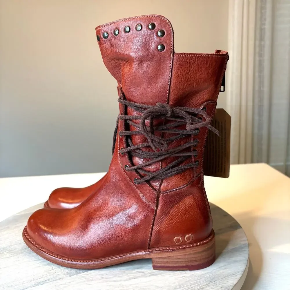 BED STU Fen Women's Leather Lace Up Combat Boots Studded Cognac Brown US 7 NWT